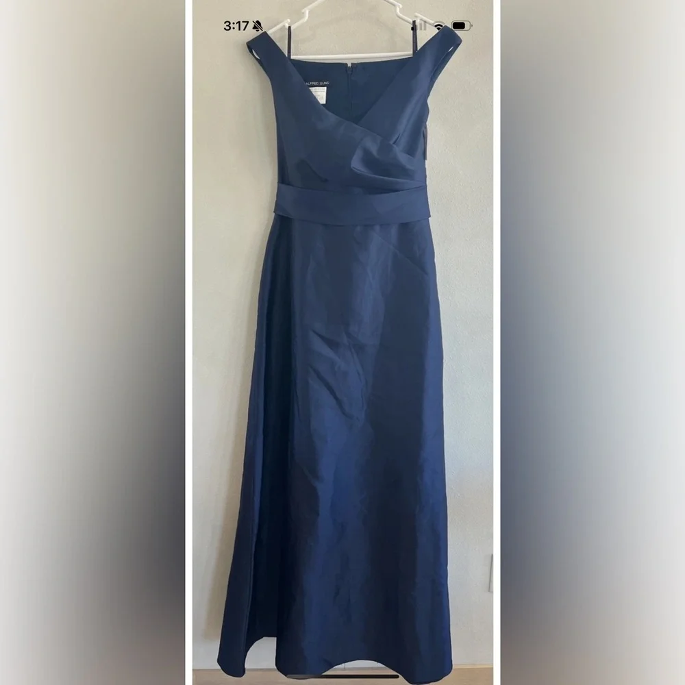 ALFRED SUNG Navy Blue V-Neck Satin Maxi Dress - Picture 3 of 9
